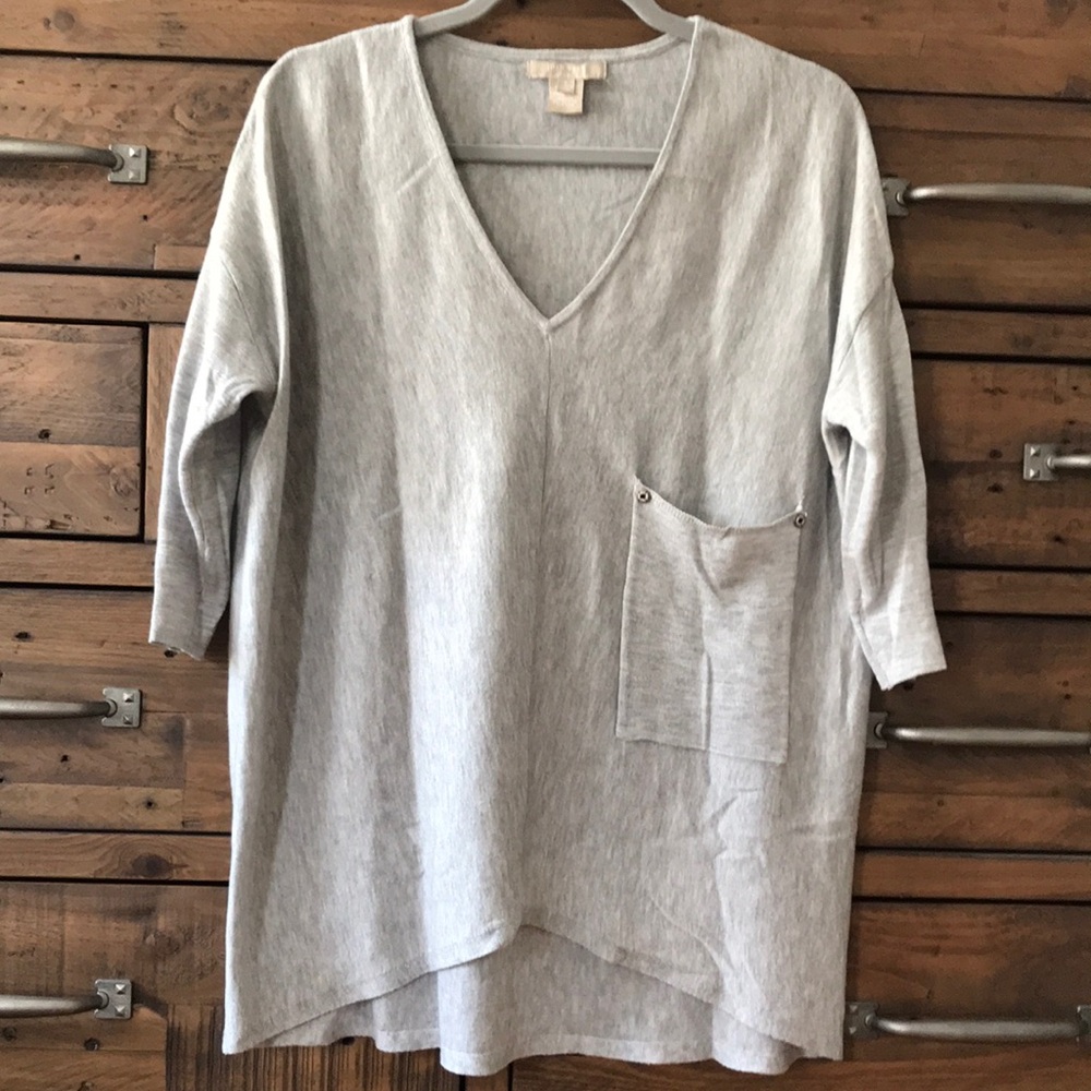 Joan Vass Wool Blend V-Neck Pocket Oversized Knit Tunic Sweater size S
